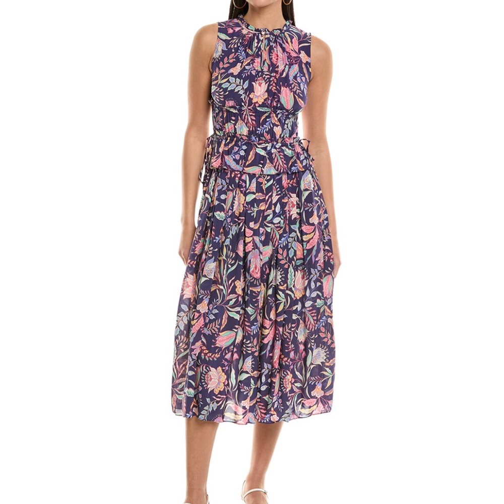 Shoshanna Size 4 Jane Midi Dress with pleated tiered Bodice and Ruffled Waist